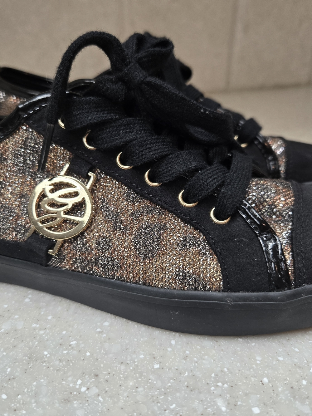 Guess Women's Black and Gold Leopard-Print Sneakers, Size 6